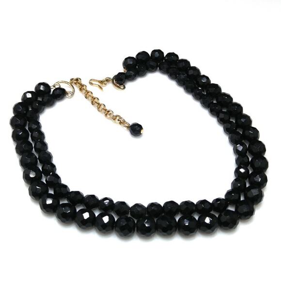 Vintage Black Crystal Beaded Necklace, Strung on Chain, Two Strands, 17 Inches - Picture 6 of 9